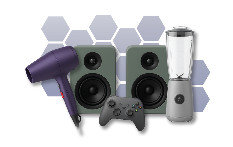 Washer Dryer, Playstaion, and other kitchen appliances with text: £4.25 per appliance, just £25.50 per month for 6 items