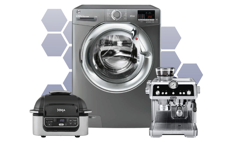 Air fryer, washing machine, and coffee machine with text: £5.00 per appliance, just £15 per month for 3 items